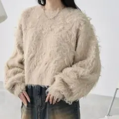 MONO-MART ボリュームシャギーミックスジャガードクルーニット アイボリー