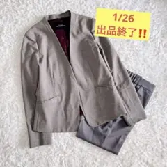 美品　パンツセットアップ　レディース　ノーカラー　ジャケット　38 36