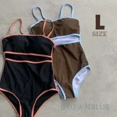 ■フロントオープン パイピング スイムウェア L 茶色 ワンピース 無地 綺麗