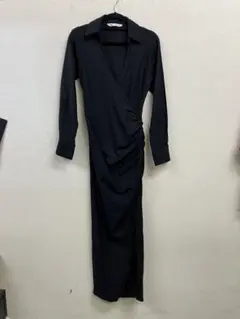 ZARA リネン52%ストレッチぺプラムドレープロングワンピース