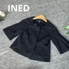 美品 イネド INED ノーカラージャケット 黒 7 S【こなれフレア袖コットンのサムネイル