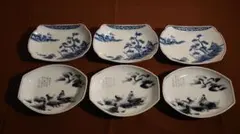 古伊万里　伊万里　染付　舟形皿　葉皿　江戸期　菓子皿　茶道具　２種　６客