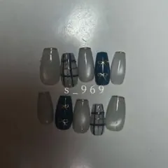 ブルー 冬 チェック リボン 青 バレリーナ ネイルチップ