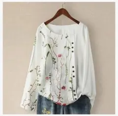 オーガンジー刺繍レース　花柄長袖チュニックブラウス