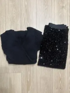 【2点セット】大人可愛いブラック リブニットワンピ スリットスカート 最終値下げ