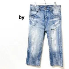 by 7分丈ストレートデニムパンツ　ライトブルー　日本製　綿混　ダメージ
