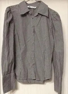 zara ザラ 黒白チェック柄 パフスリーブシャツ