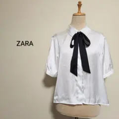 ZARA サテン地 ボウタイリボン付き ショート丈ブラウス 白×黒 海外L