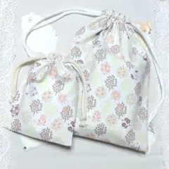 きんちゃく袋大小セット　アニマル柄　植物柄　ベージュ系　ハンドメイド