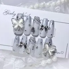 Ｎｏ．現品 ネイルチップハンドメイド 水色白シルバーストーンリボン韓国蝶々大人