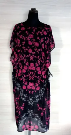 4298コムロシズカ 花柄シフォンワンピース ネイビー＆ピンクのサムネイル