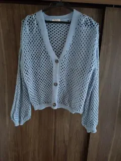 透かし編み水色カーディガン Lサイズ