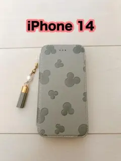 iPhone 14 スマホケース 手帳型 背面クリア 型押しのマウス柄