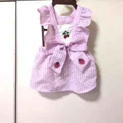 いちご刺繍のピンクチェックサロペット