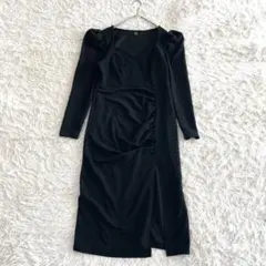 シーイン ロングワンピース L パフスリーブ ギャザー 長袖 黒 ストレッチ