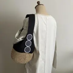 タンバリン柄とブラックリネンの麻紐バッグ