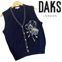 美品 DAKS GOLF ウールニットベスト 刺繍 金ボタン 濃紺 L 日本製