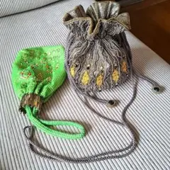 ビーズ装飾の巾着バッグセット　レトロポーチ