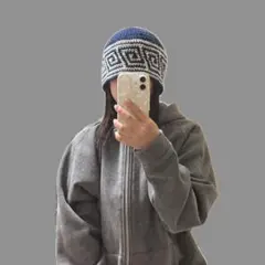 ビーニー　クラッシャーハット　クロシェハット　ハンドメイド　ネイビー×ホワイトのサムネイル