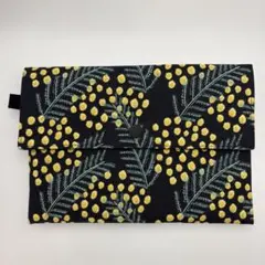 ご朱印帳ケース　ミモザ柄　黒　kippis ハンドメイド　マルチポーチ
