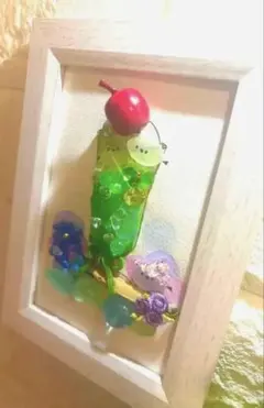 シーグラス水彩アート『クリームソーダとシマエナガ』