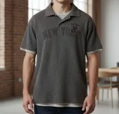 美品 ユニクロ ポロシャツ M グレー プリント ショートスリーブ