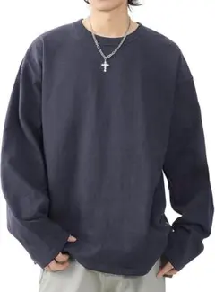 長袖Tシャツ メンズ 綿100% ロングtシャツ クルーネック 無地 紺 ブルー