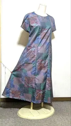 大島絣着物リメイクロングワンピース 419