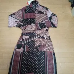 ZARA　個性的　パターン入り長袖ロングシャツワンピース
