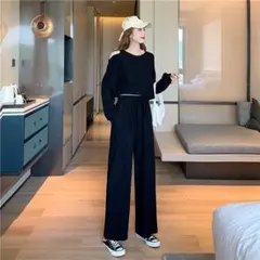 シンプル 黒 韓国 おしゃれ 肩開き L ゆったり セットアップ ワイドパンツ