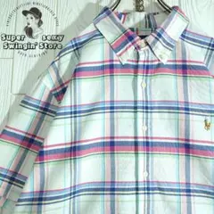人気 ラルフローレン 半袖シャツ 2XL ホワイト チェック ボタンダウン 古着