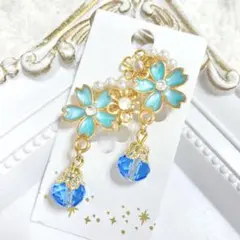 ハンドメイドイヤリング【No.65】痛くない 蝶バネ 花 桜 ガラス パール