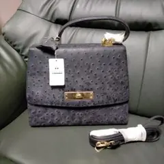 ★Richieni オーストリッチ風　型押し牛革ハンドバッグ★ショルダー付　黒