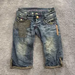 00s archive y2k平成ギャル　デニムハーフパンツ　ピンク刺繍レース蝶