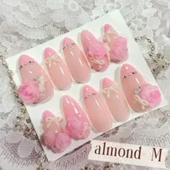 【14】ネイルチップ♡シアーピンク ローズ フレンチガーリー アーモンド☆現品☆のサムネイル