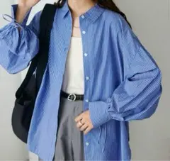 【完売】DISCOAT ブロード袖口リボンシャツ　長袖シャツ　ストライプ