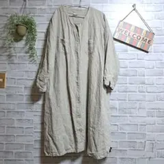 シャツワンピース リネン ノーカラーワンピ ゆったり 大人可愛い 胸ポケット