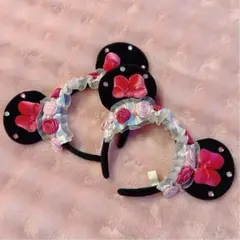 ミニー　お花　薔薇　バラ　フリル　ピンク　パール　リボン　カチューシャ　ペア　♡