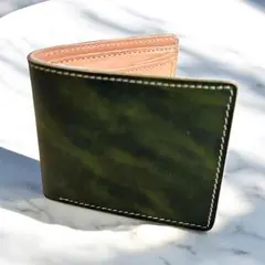 メンズ 二つ折り財布　牛革／グリーン/本革/レザー/ウォレット