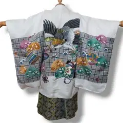 七五三 男の子 5歳 着物 セット 一式 人気 白 レア鷹 刺繍 軍配 0502のサムネイル