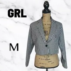 【GRL】ショートテーラードジャケット　ギンガムチェック　薄手　裏地　白黒　M