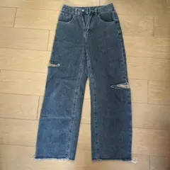 Dazyダメージ加工 グレー ワイドレッグデニムパンツ