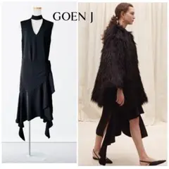 9万 GOEN J 黒ラッフル ドレープ ワンピース M