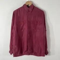 90s レトロ古着 とろみ長袖シャツ ボタンダウン ボルドー シルク風 M