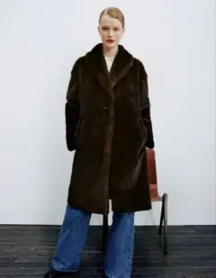 【美品】ZARA ザラ　フェイク　ファーコート　ダークブラウン　サイズS