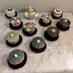 高級九谷焼湯呑み茶碗１０客、急須、手彫り高級茶托１0枚セット