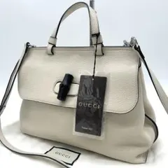 【美品】グッチ 2way デイリー ハンドバッグ バンブー シボ革 アイボリー