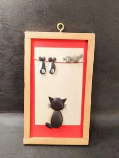 ●ストーンアート●小石を使った猫と魚と小鳥●作家展購入●11.7×7㎝●猫好き