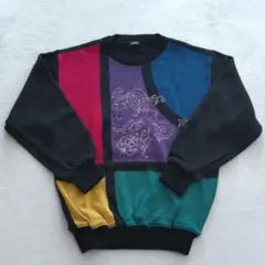 日本製 マルチカラー 長袖 パッチワークセーター ニット L 毛混