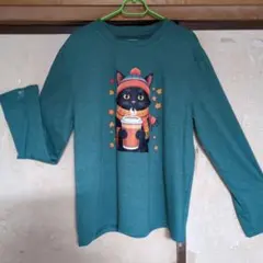 新品黒猫イラスト 長袖Tシャツ ブルーグリーン